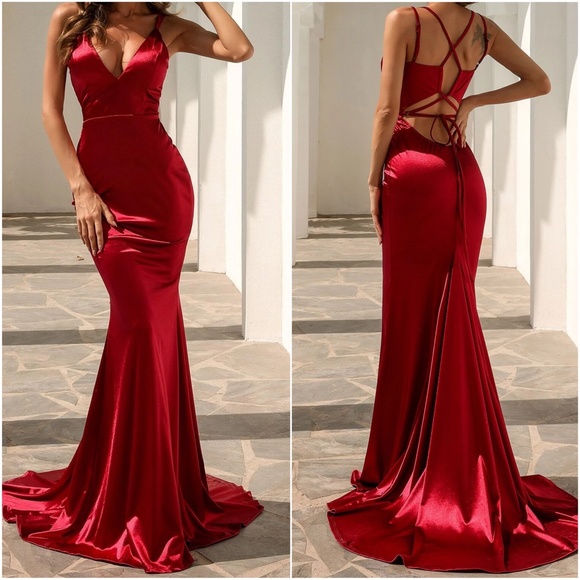 Luxe Satin Sexy Evening Prom Wedding Formal Prom Dress - Picture 2 of 9